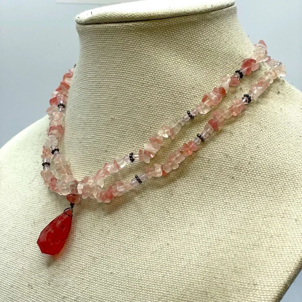 Cherry Rose Clear Quarts Beaded Pendant 925 Sterling Silver Layered Necklace